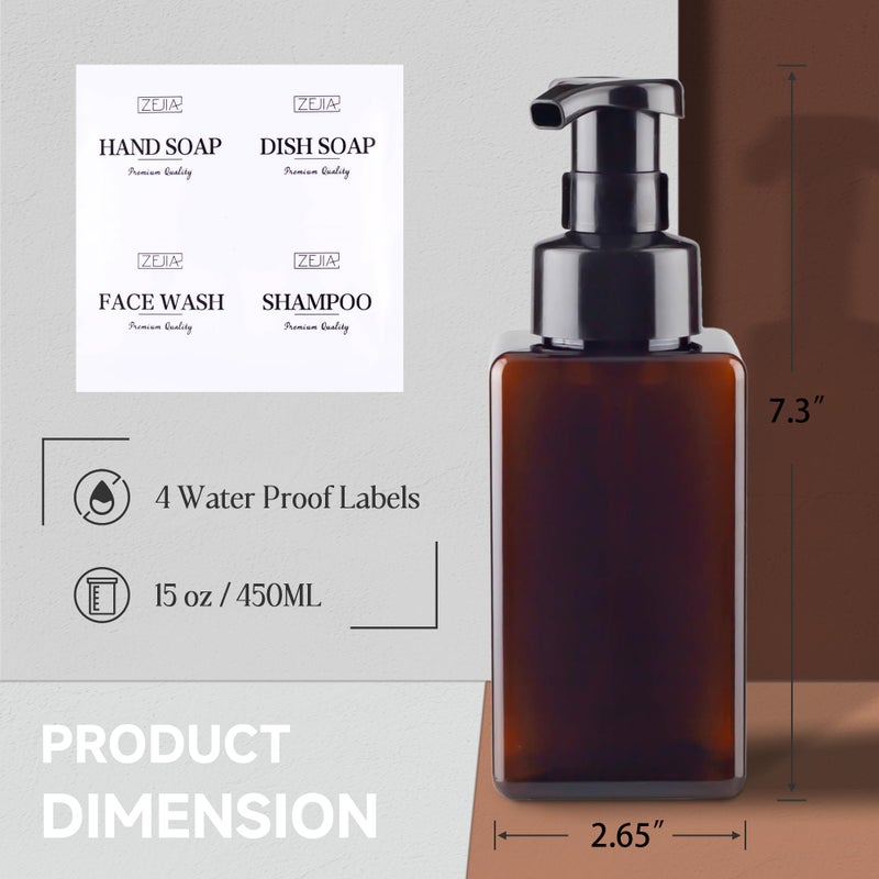 ZEJIA 15OZ Foaming Soap Dispenser, 2-Pack Plastic Hand Soap Dispenser, Refillable Leakproof Foam Pump Bottle with Waterproof Labels, for Shampoo, Body Wash - Image 2
